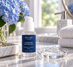 Bellaré Hydration Booster Gel beside a clear gel texture swatch on a marble vanity