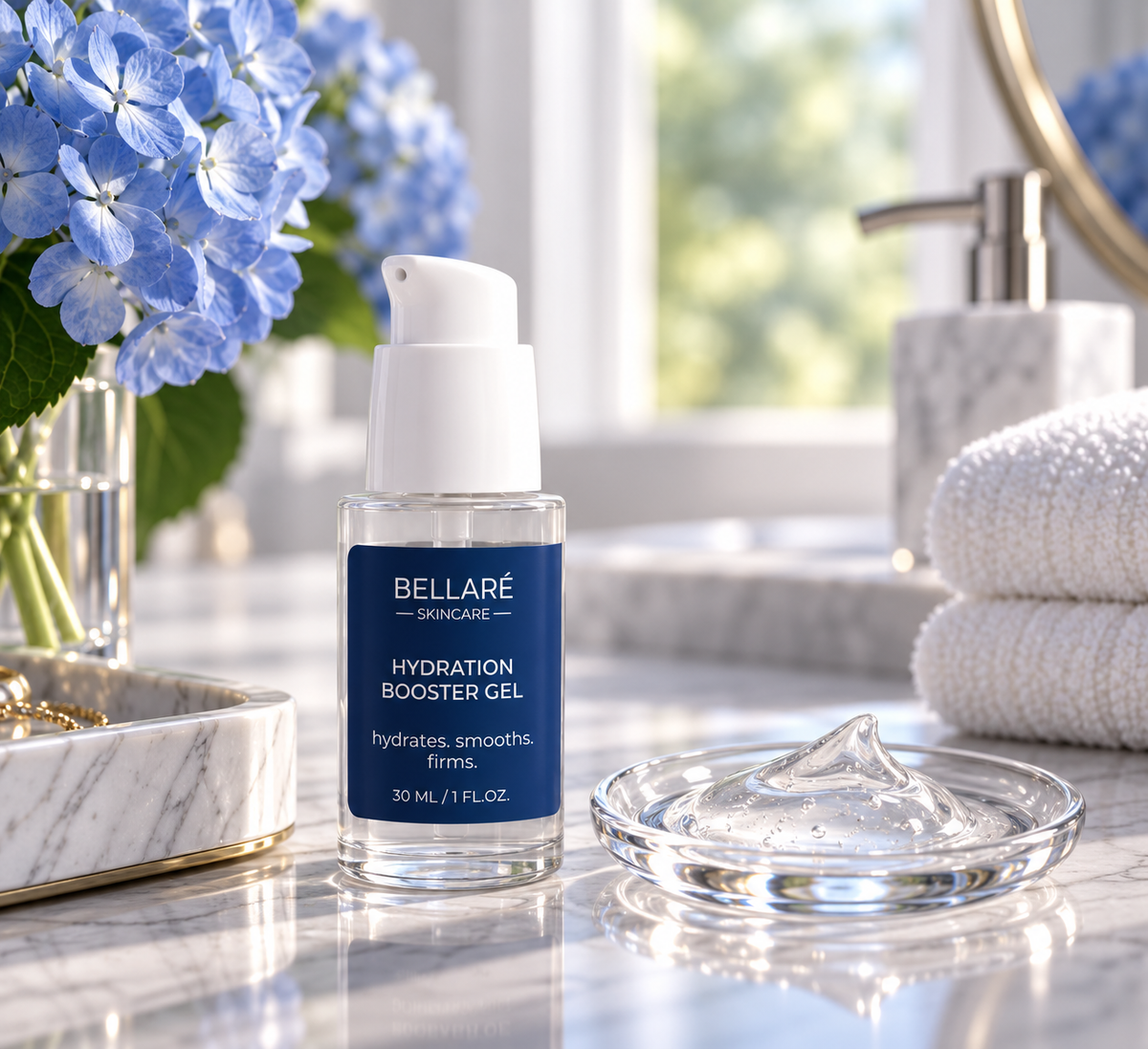 Bellaré Hydration Booster Gel beside a clear gel texture swatch on a marble vanity