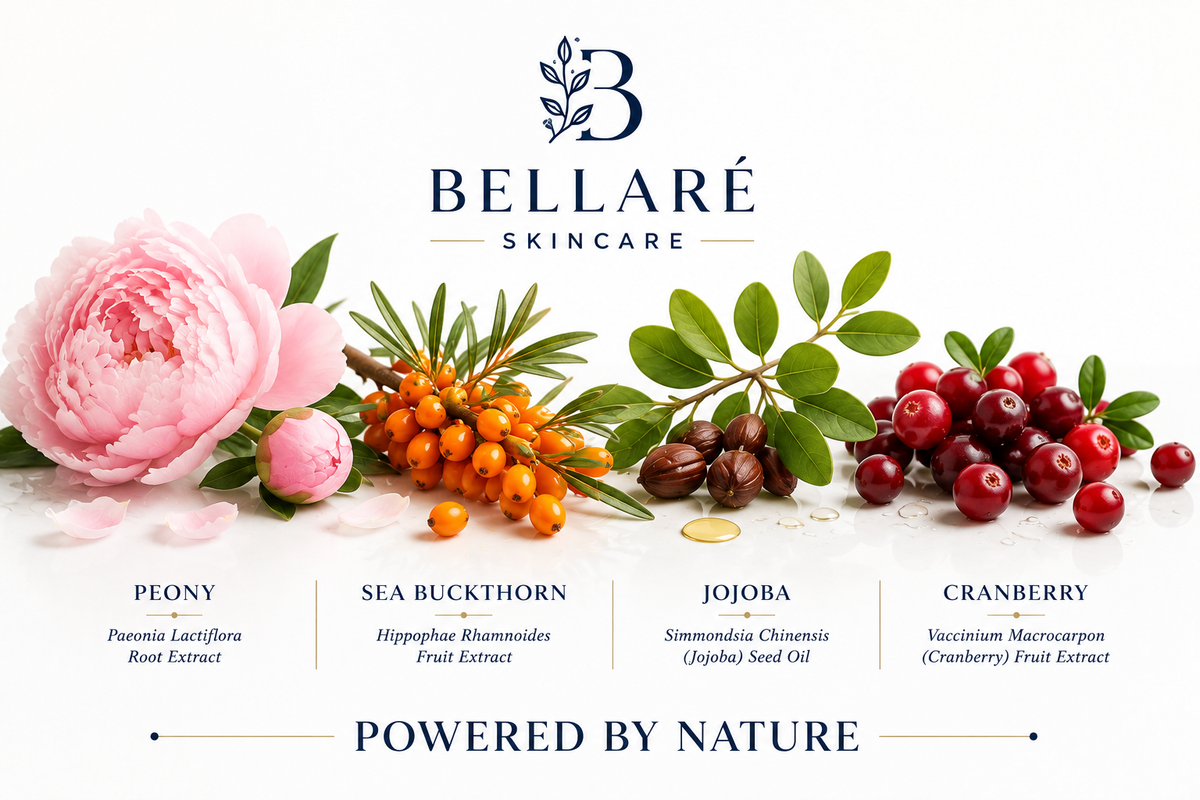 Bellaré Barrier Repair Night Cream botanicals featuring peony, sea buckthorn, jojoba and cranberry