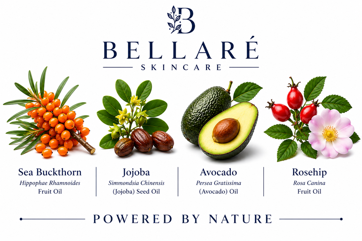 Bellaré C Complex Serum botanicals featuring sea buckthorn, jojoba, avocado and rosehip