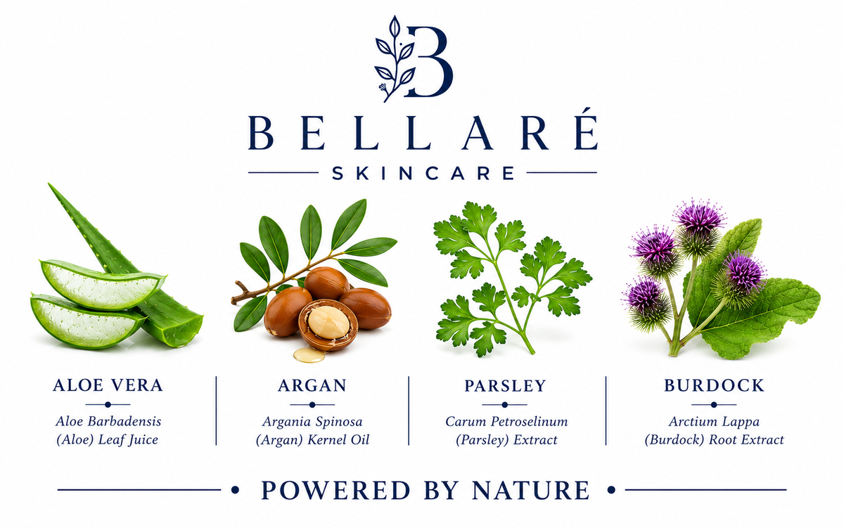 Bellaré Featherweight Hydrating Day Cream botanicals featuring aloe vera, argan, parsley and burdock
