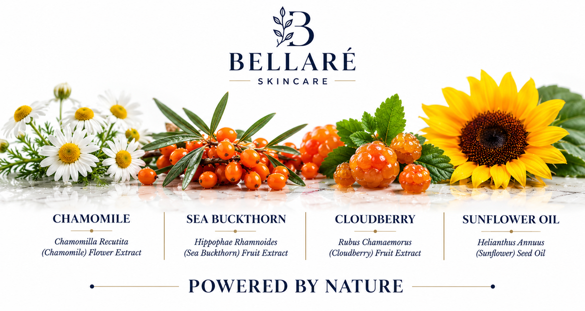 Bellaré Silk to Milk Cleanser botanicals featuring chamomile, sea buckthorn, cloudberry and sunflower oil