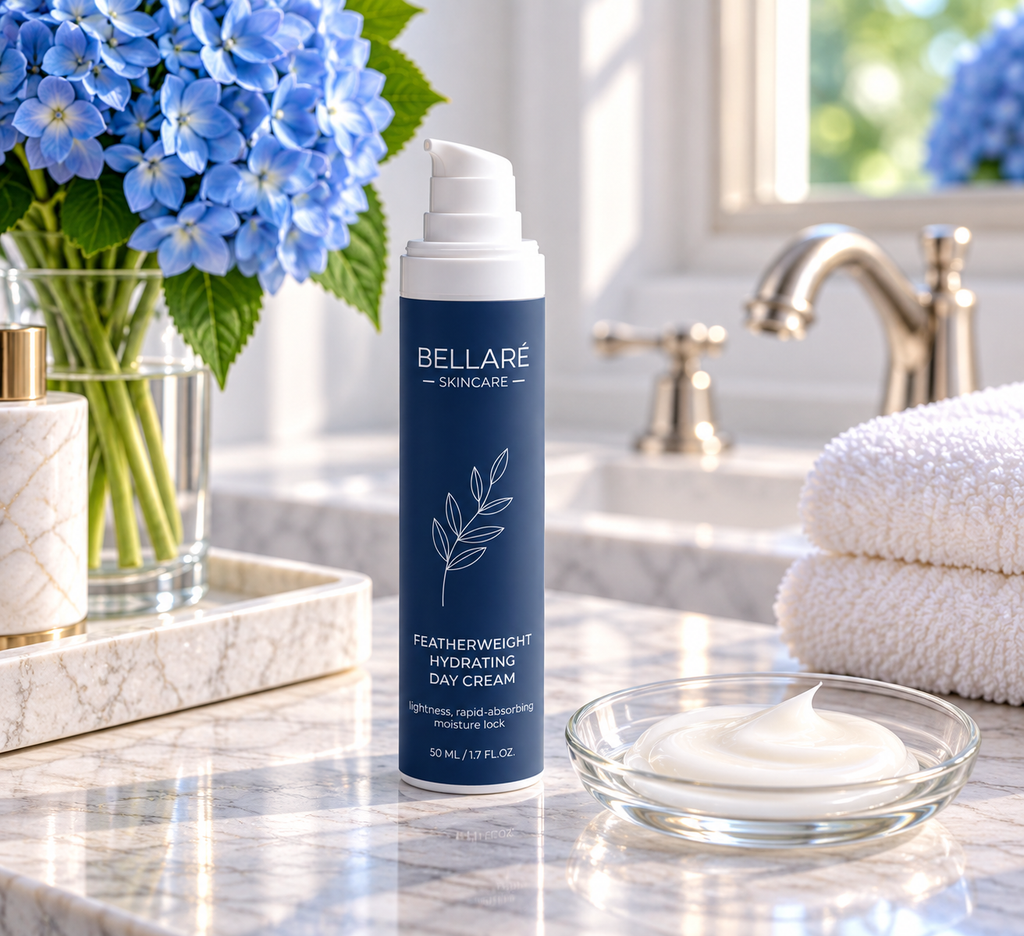 Bellaré Featherweight Hydrating Day Cream beside its lightweight white cream texture on a bright marble bathroom vanity.