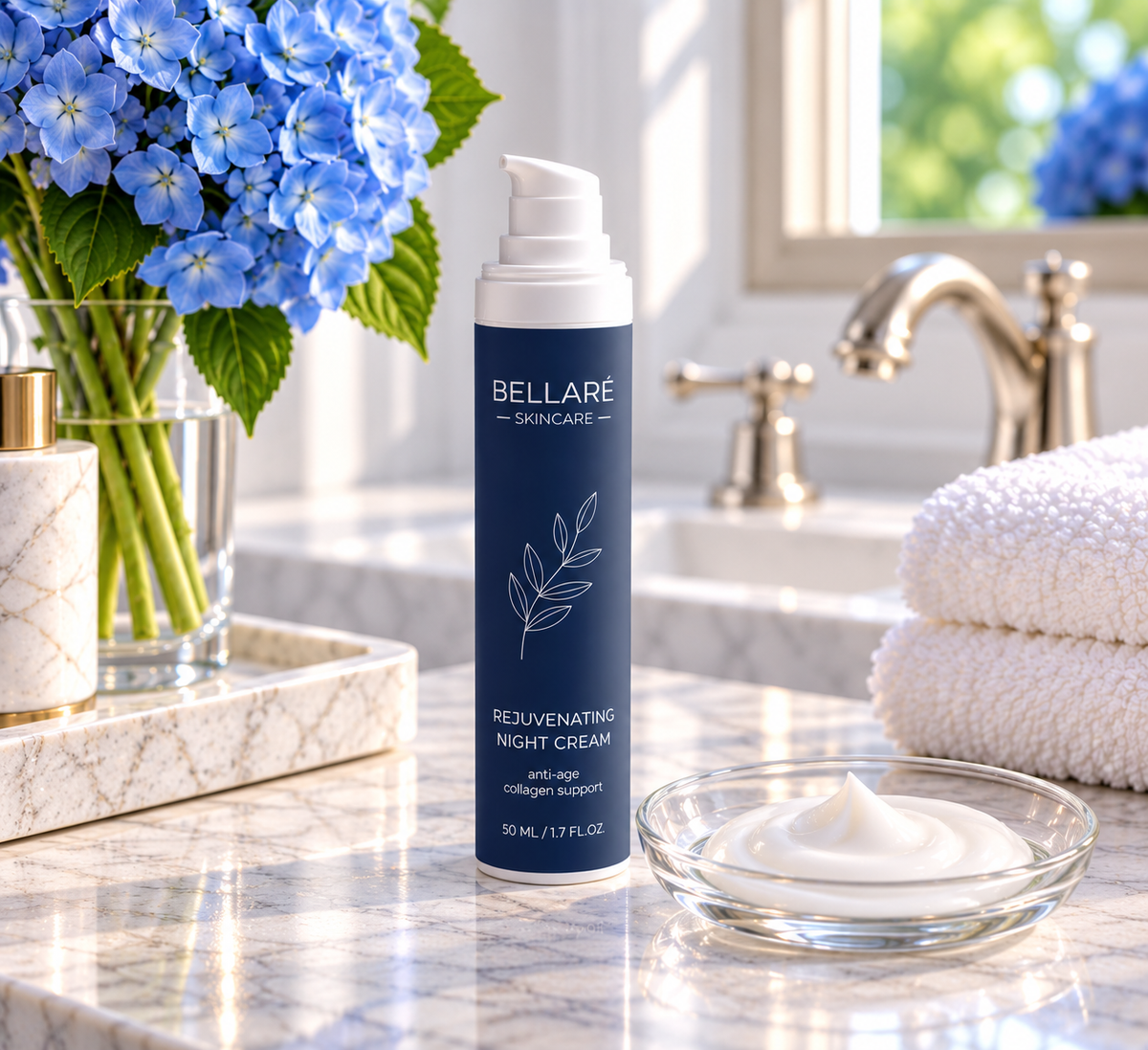 Bellaré Rejuvenating Night Cream beside its smooth, rich white cream texture on a bright marble bathroom vanity.