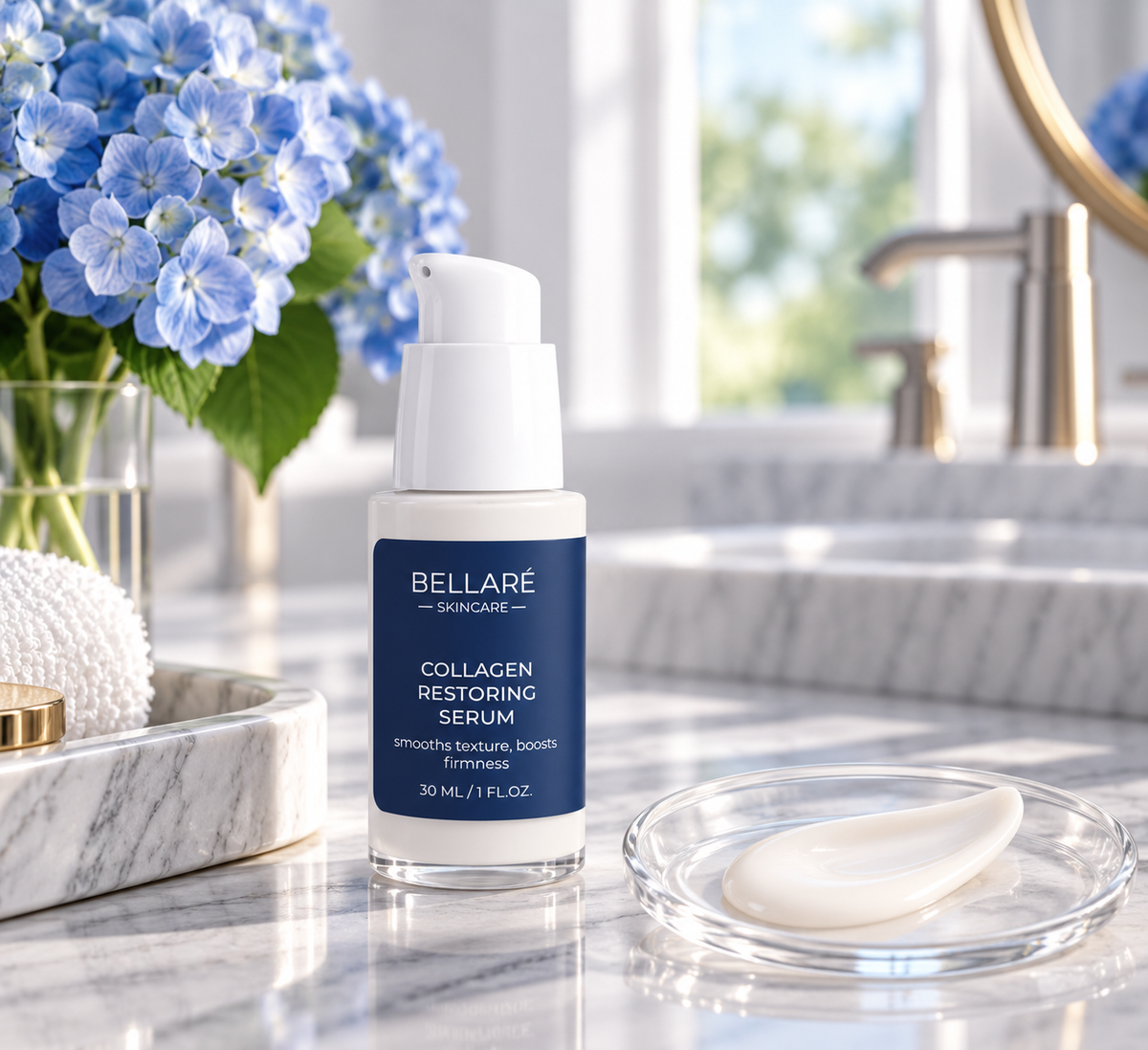 Bellaré Collagen Restoring Serum beside a silky white serum texture swatch on a clear glass dish.