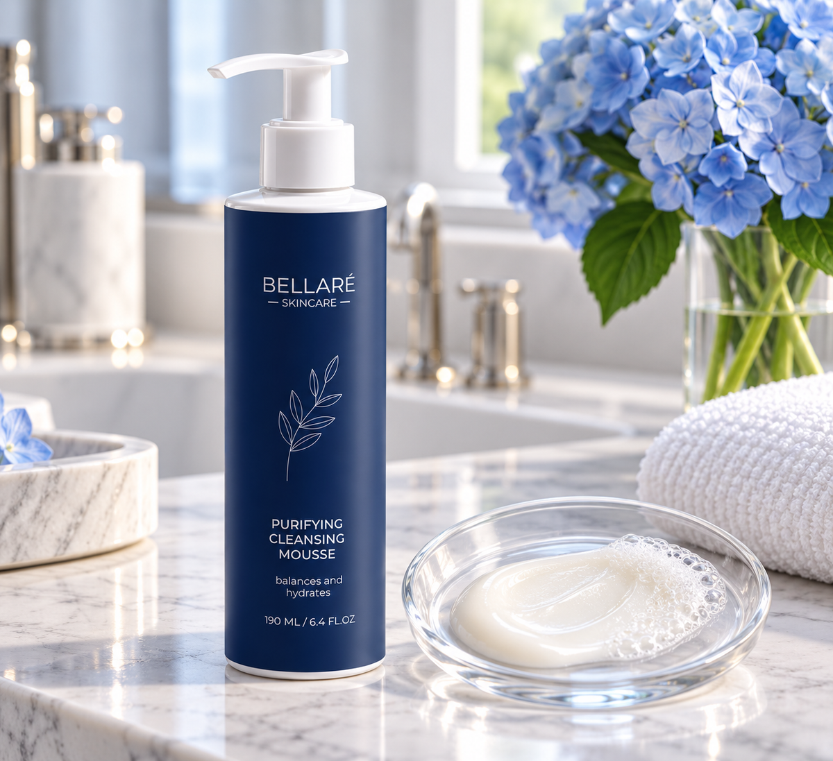 Bellaré Purifying Cleansing Mousse beside a creamy cleanser texture with light bubbles on a marble bathroom vanity.