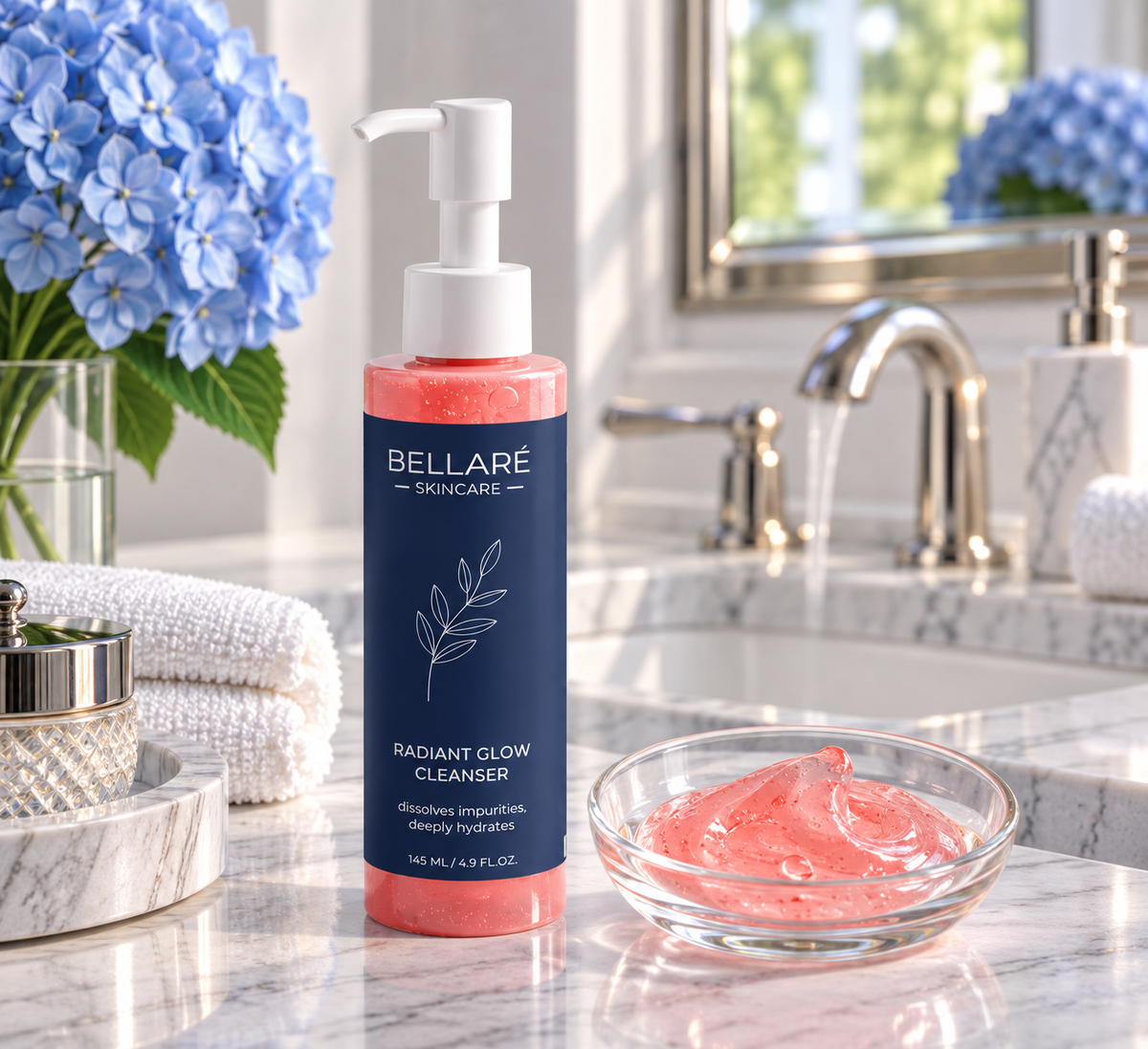 Bellaré Radiant Glow Cleanser beside its translucent coral-pink gel texture on a marble bathroom vanity.