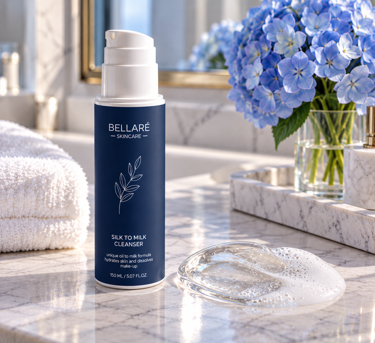 Bellaré Silk to Milk Cleanser beside clear gel transitioning to a milky, lightly bubbly texture on a marble bathroom vanity.Bellaré Silk to Milk Cleanser beside clear gel transitioning to a milky, lightly bubbly texture on a marble bathroom vanity.