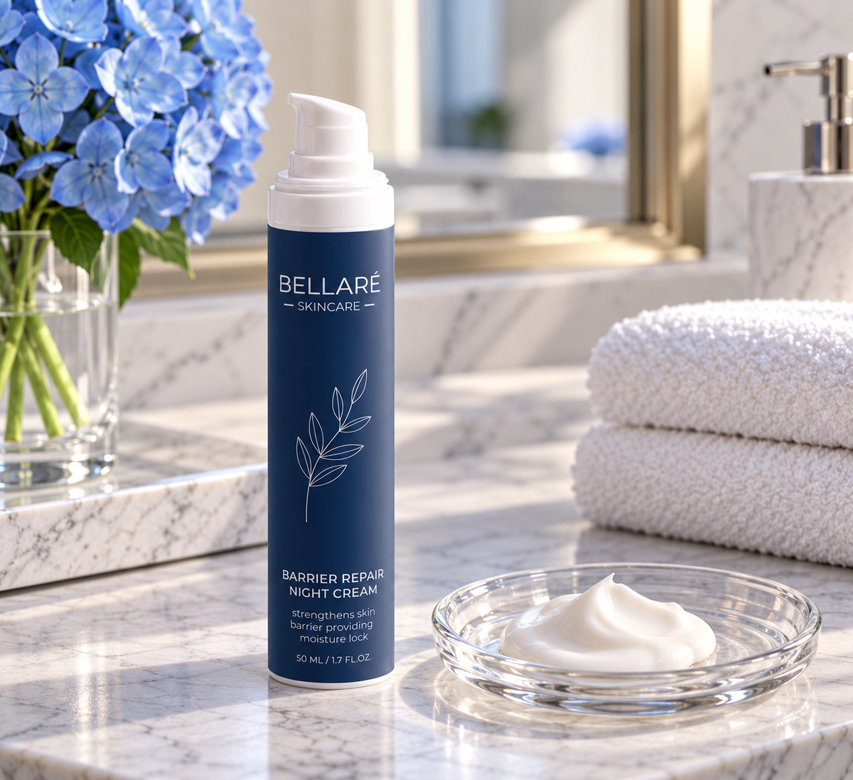 Bellaré Barrier Repair Night Cream beside its rich white cream texture on a marble bathroom vanity.