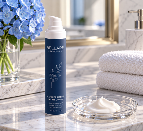 Bellaré Barrier Repair Night Cream beside its rich white cream texture on a marble bathroom vanity.