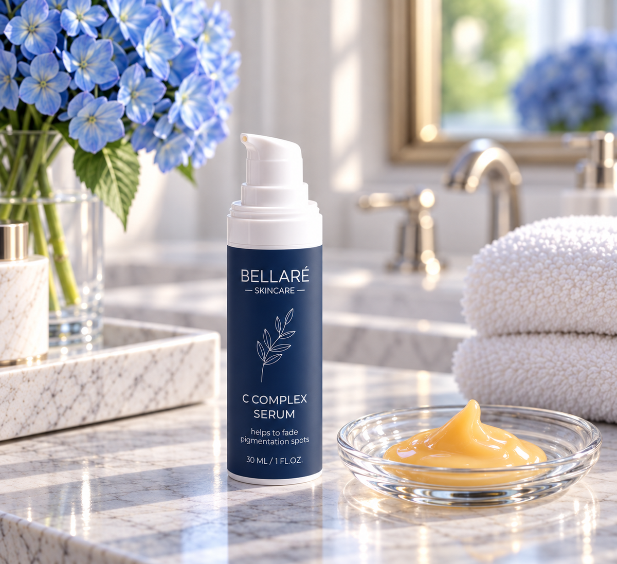 Bellaré C Complex Serum beside its silky golden-orange serum texture on a marble bathroom vanity.