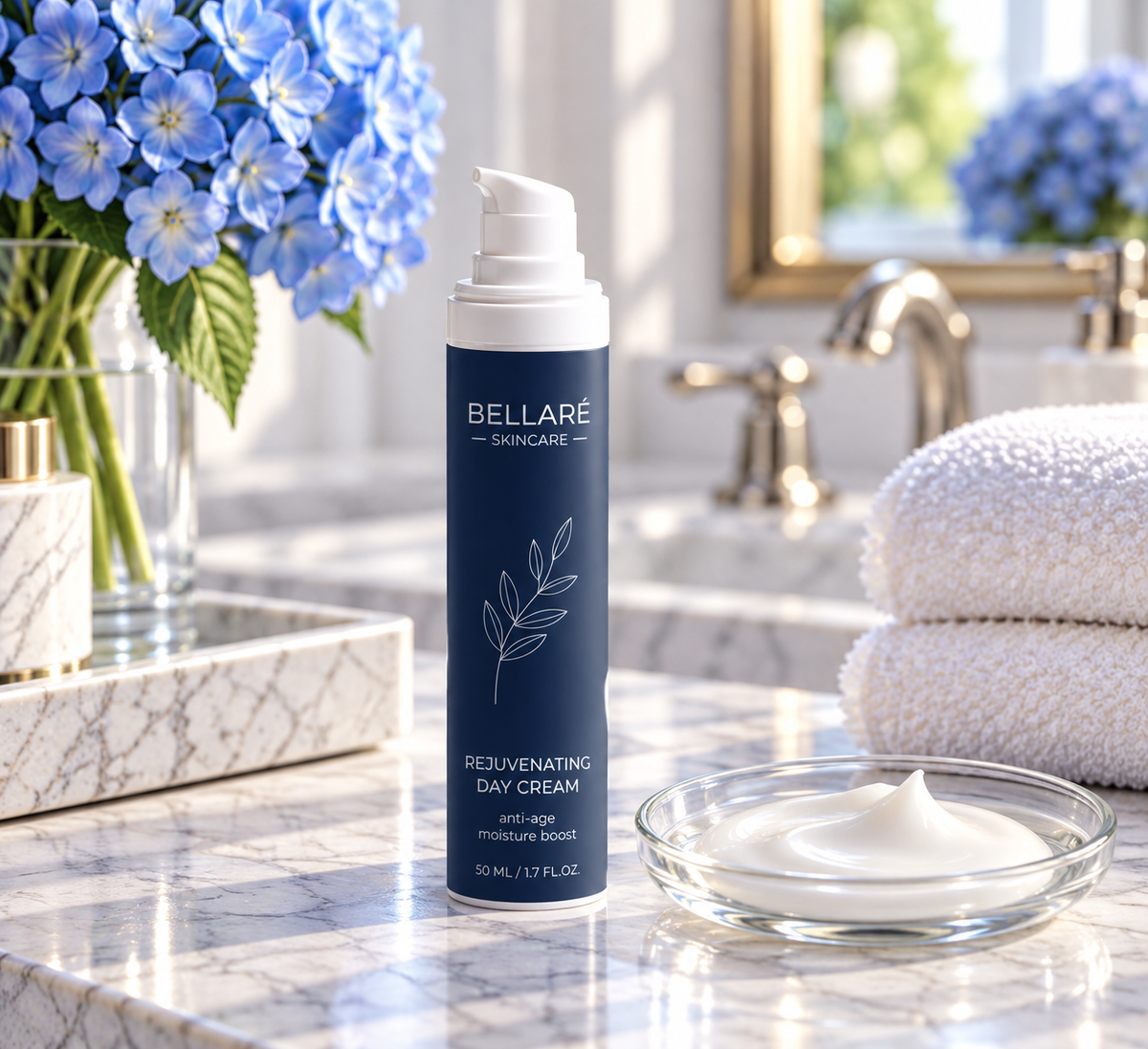 Bellaré Rejuvenating Day Cream beside its smooth white cream texture on a bright marble bathroom vanity.